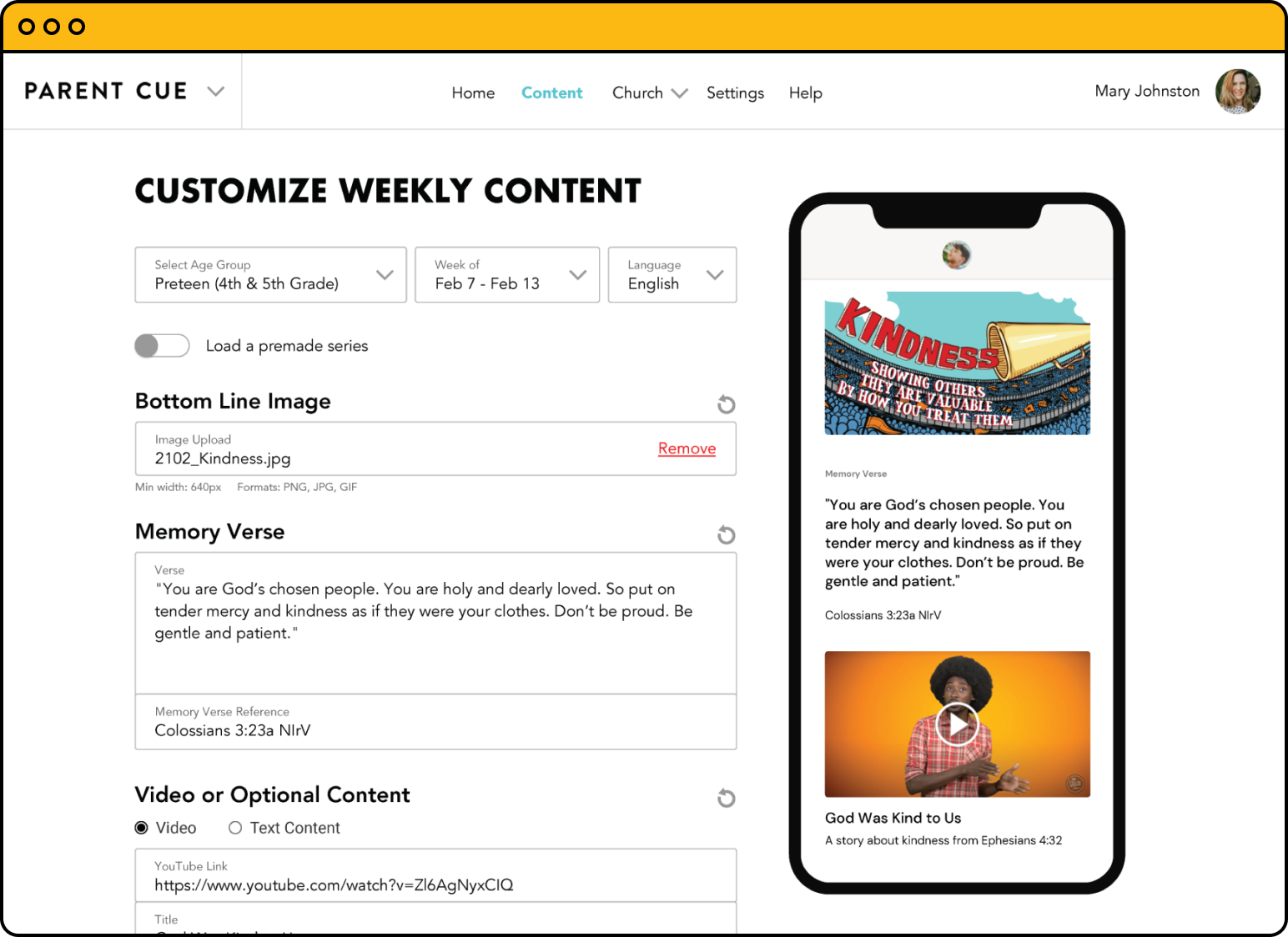 An app screen that says "customize your weekly ocntent", with a mockup of a phone displaying the weekly content.