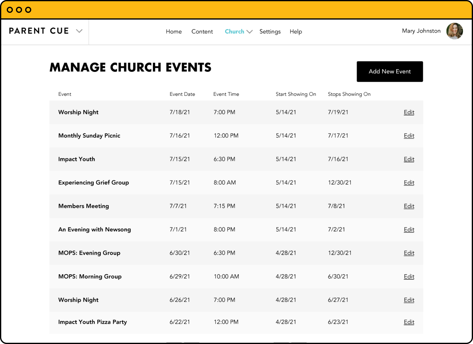 An app screen with church events listed.