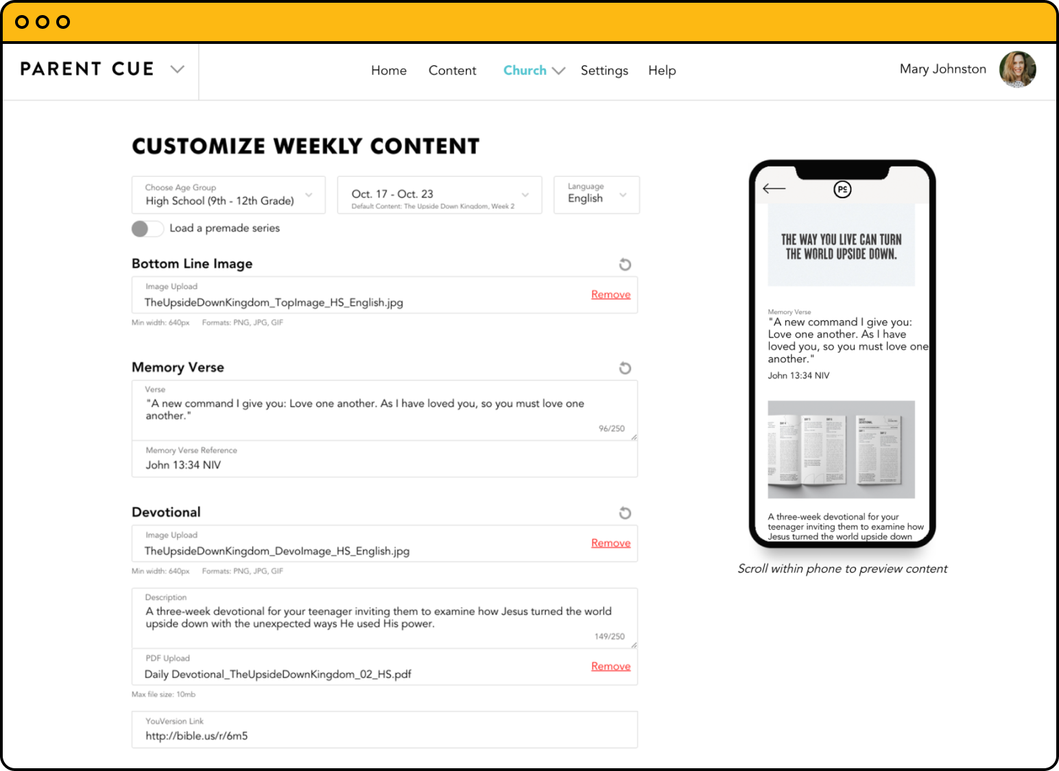 A screen showing how you can customize weekly Orange curriculum in the parent cue app.
