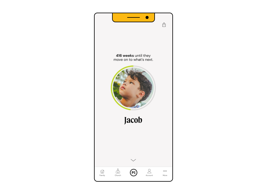 Visual of an app screen, with a picture of your kid and a countdown that says "416 weeks until they move on to what's next."
